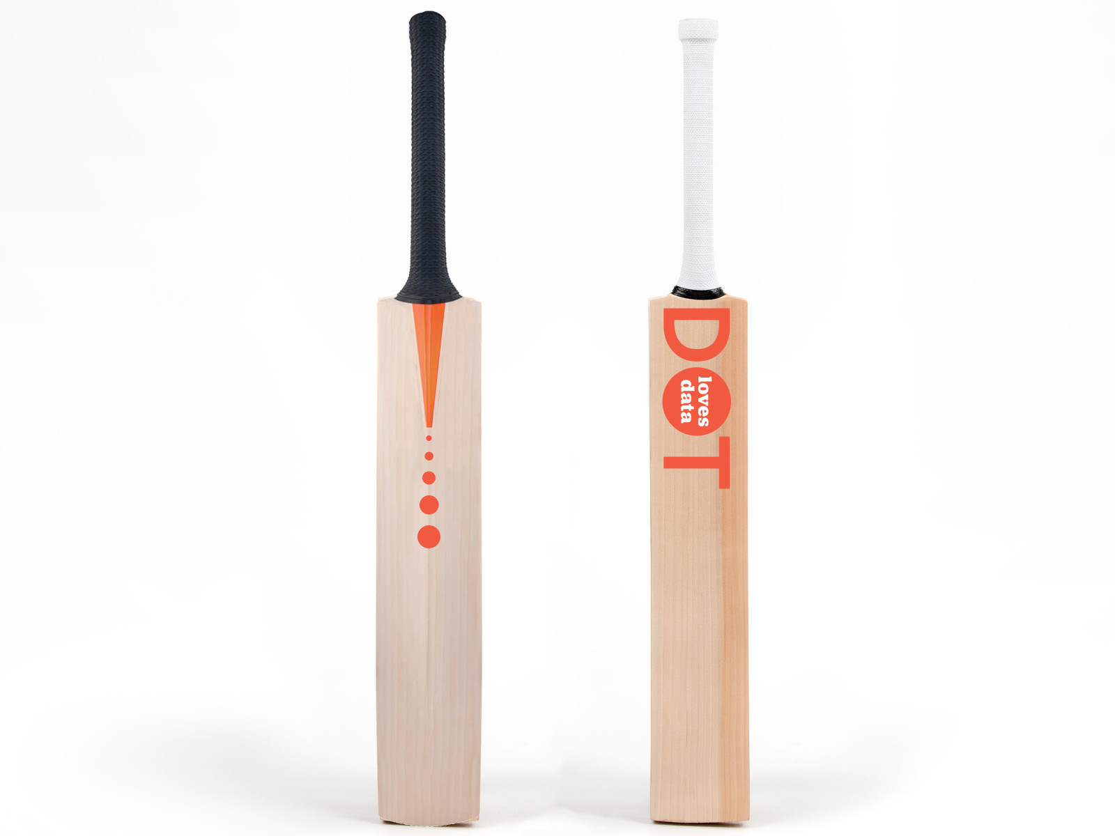 DOT Loves Data branded cricket bats showing the logo and dot motif