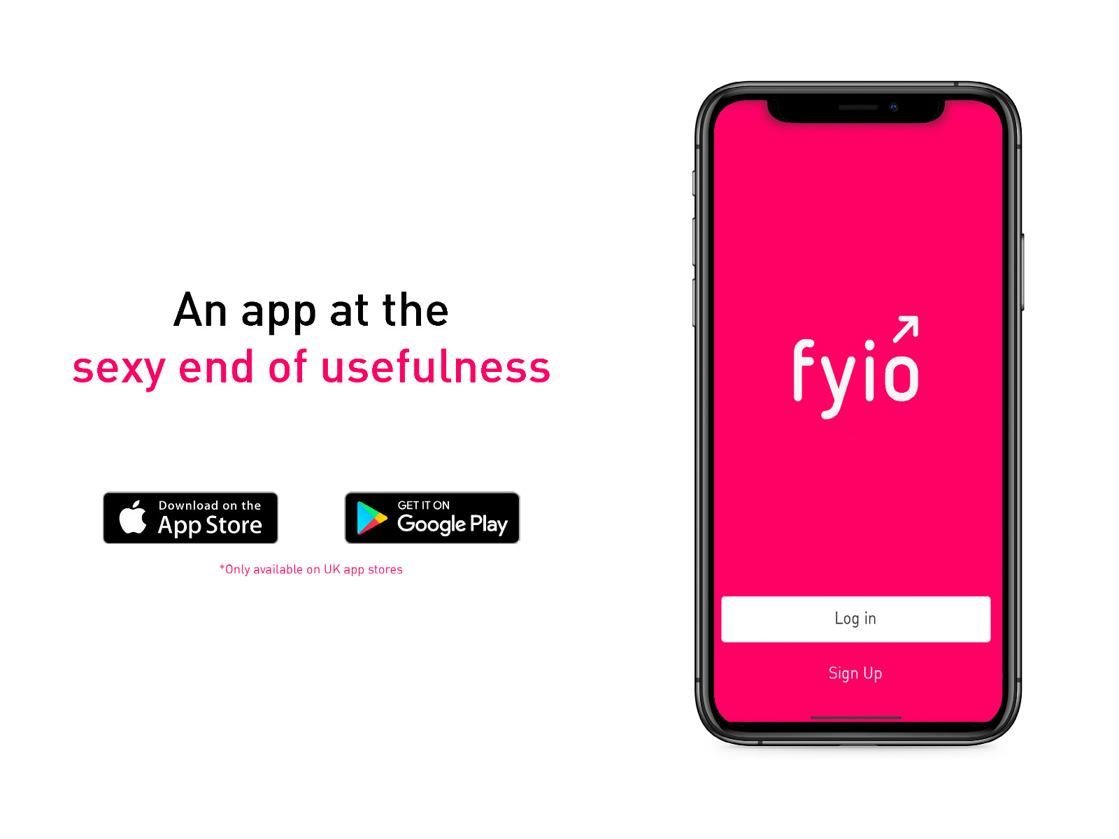 fyio app launch screen on an iPhone alongside App Store and Google Play badges