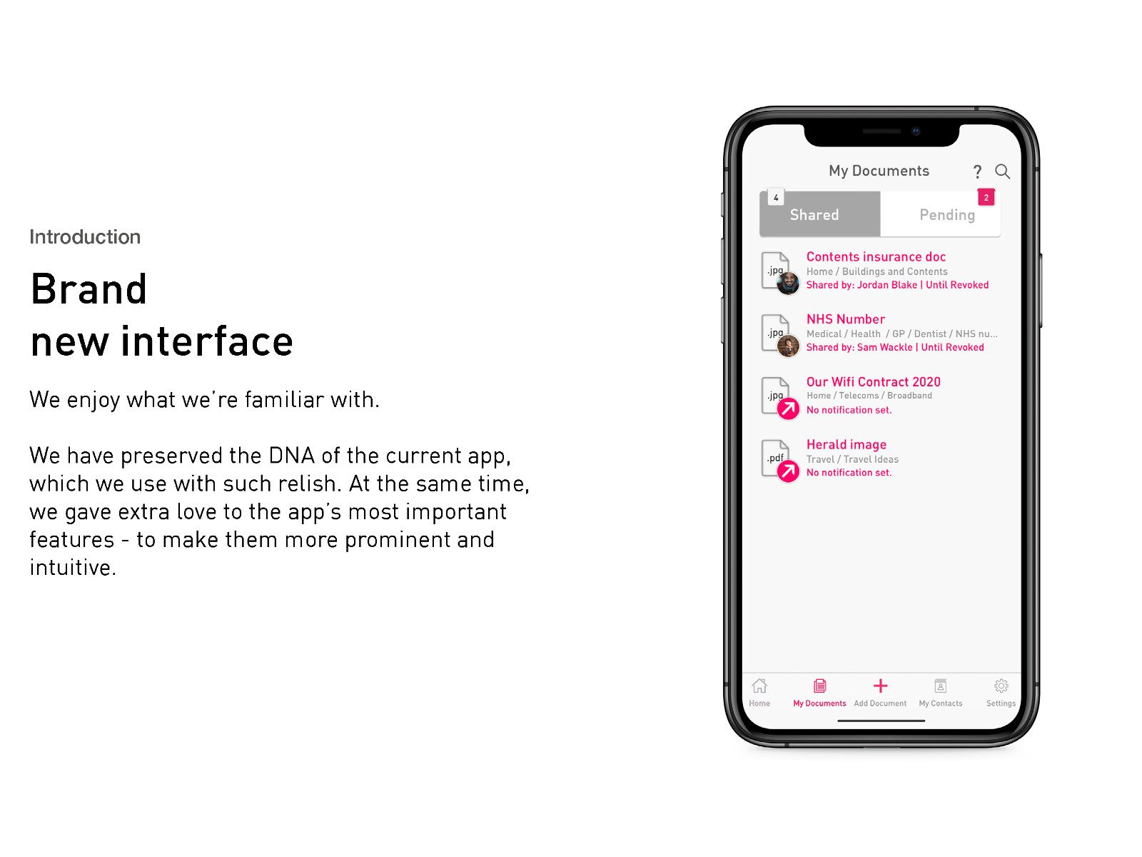 fyio brand new interface - My Documents screen showing shared and pending documents
