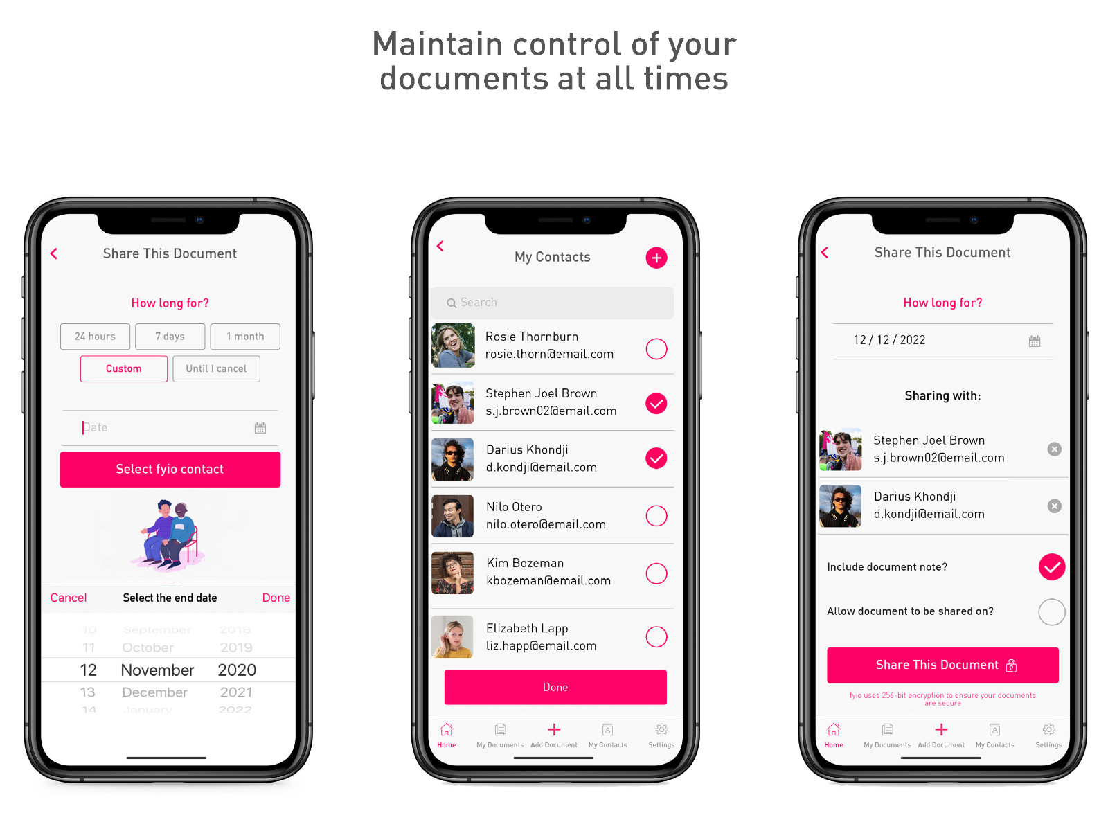 fyio document sharing controls - duration, contact selection and sharing permissions