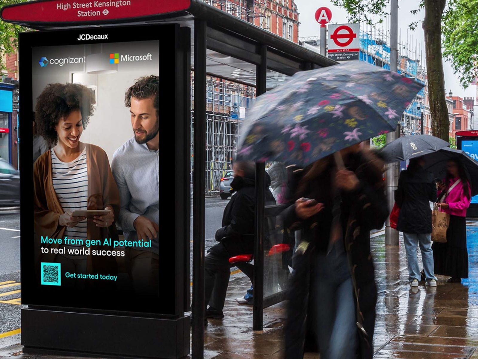 Cognizant and Microsoft gen AI campaign on a JCDecaux bus shelter screen