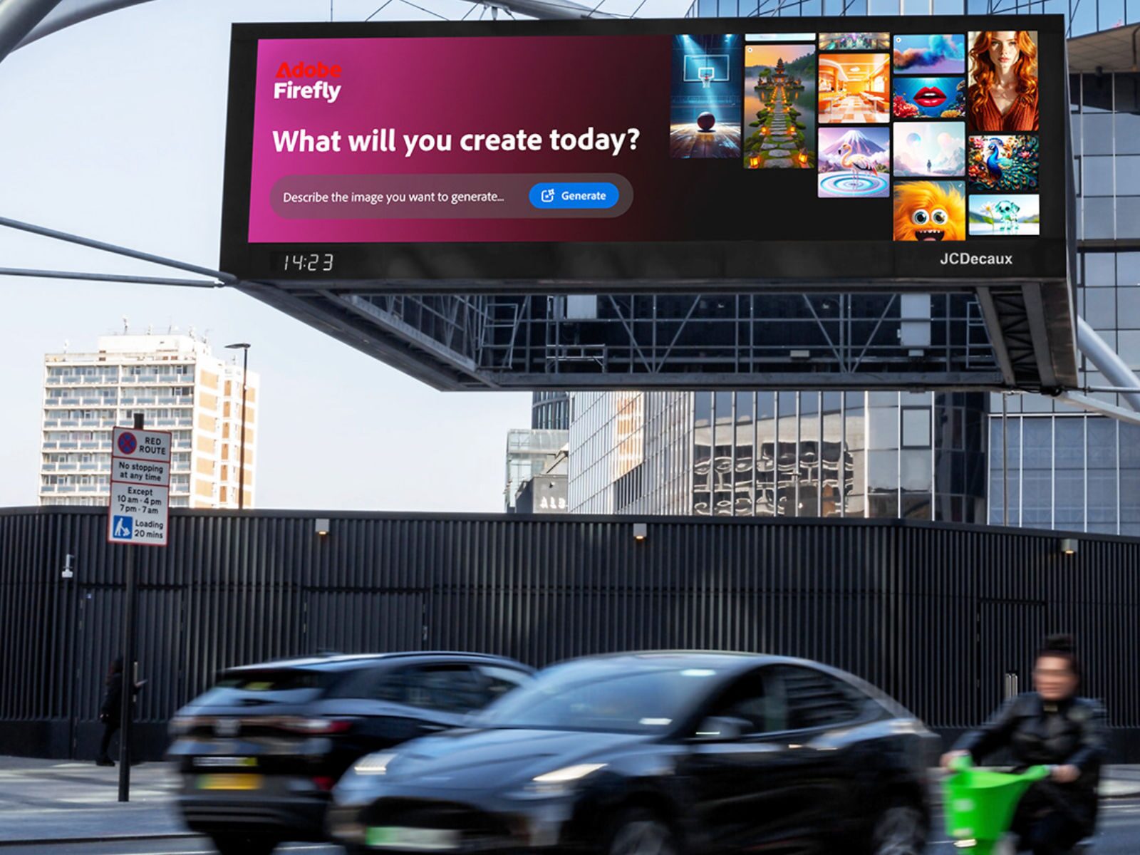 Adobe Firefly campaign on a large-format digital billboard
