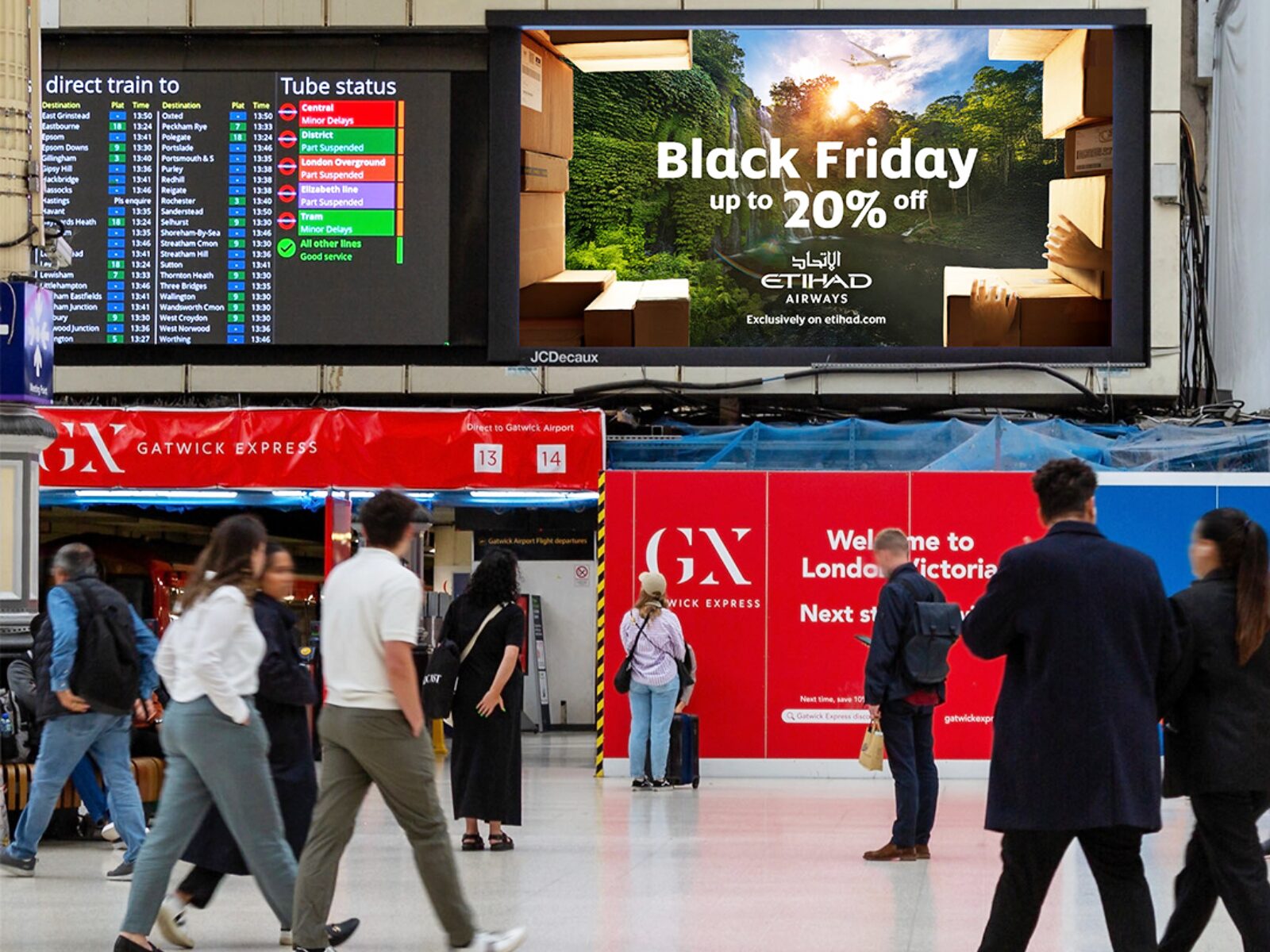 Etihad Airways Black Friday campaign on a digital screen at London Victoria station
