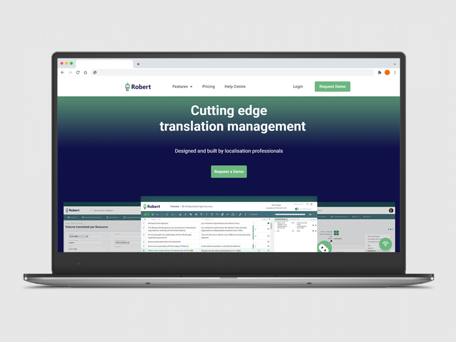 Robert translation management platform website shown on a laptop
