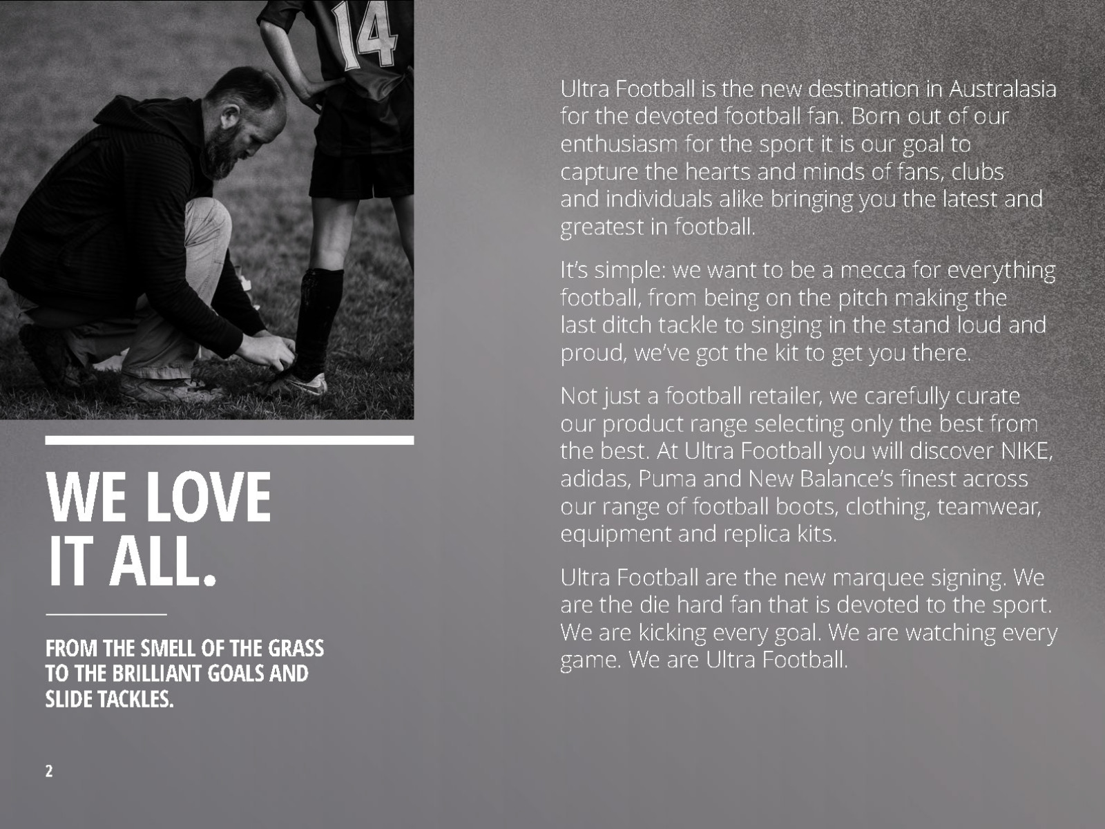 Ultra Football brand book spread - We Love It All positioning statement