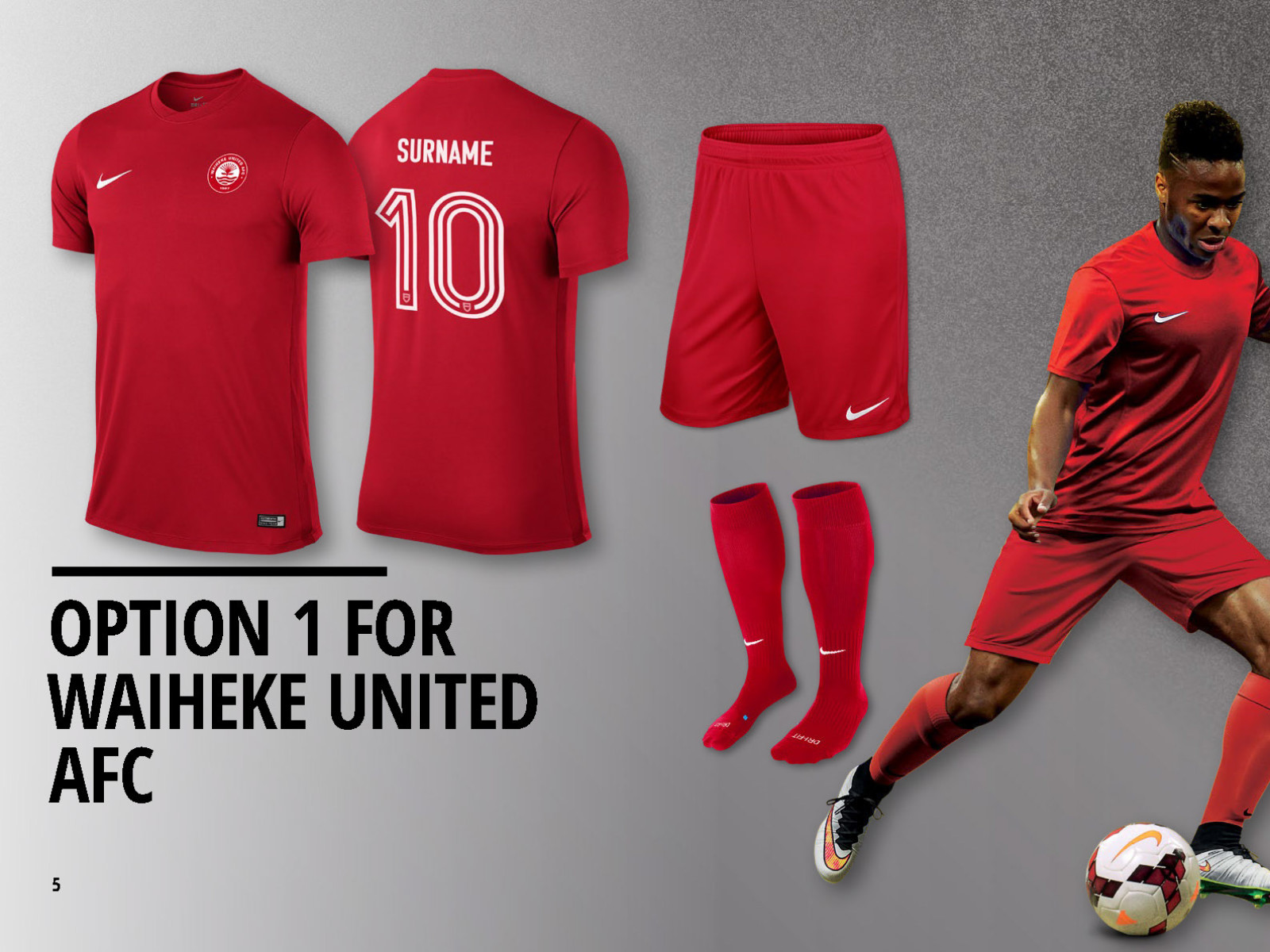 Waiheke United AFC Nike teamwear kit proposal - option one in red
