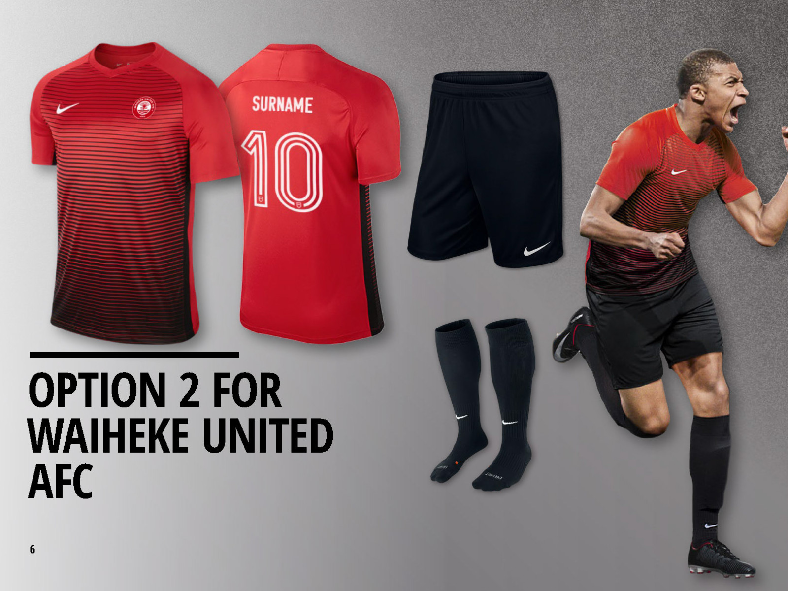 Waiheke United AFC Nike teamwear kit proposal - option two with graded red and black jersey